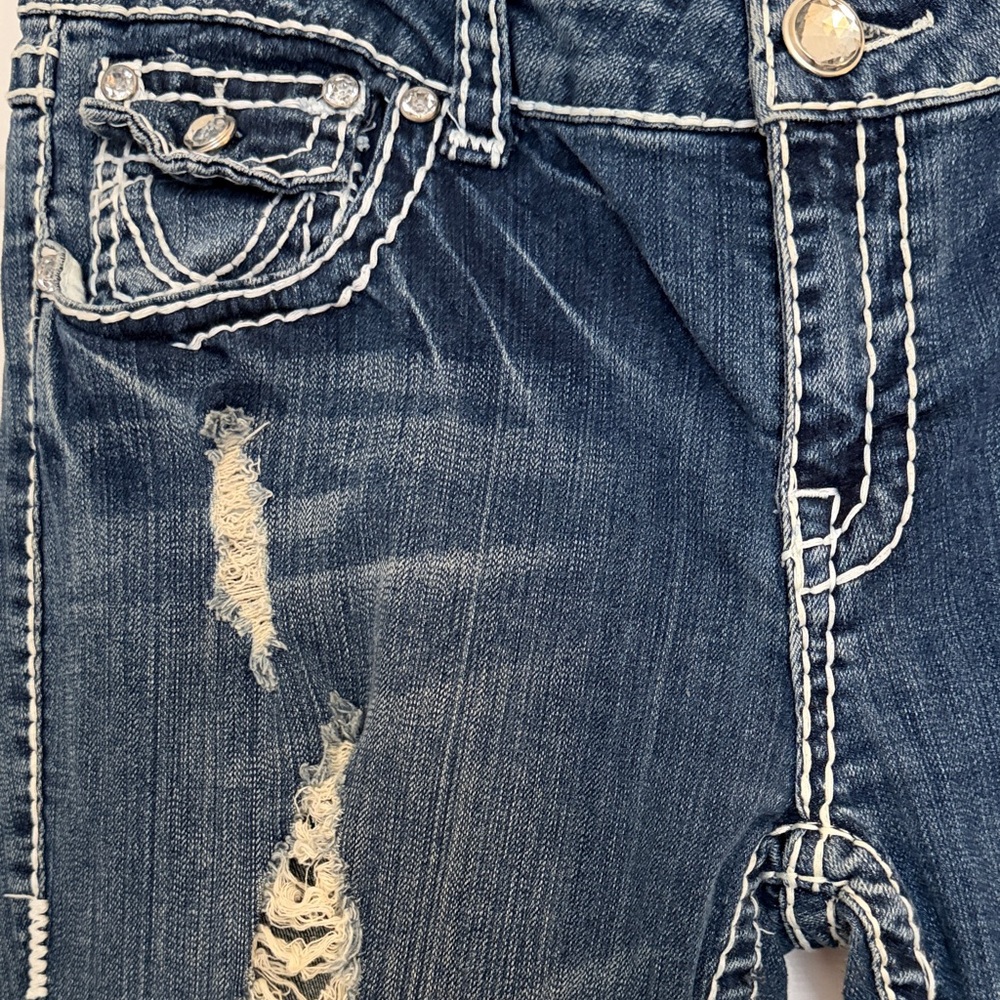 Dark Wash Distressed Women’s Jeans - Navy Blue - Picture 2 of 14